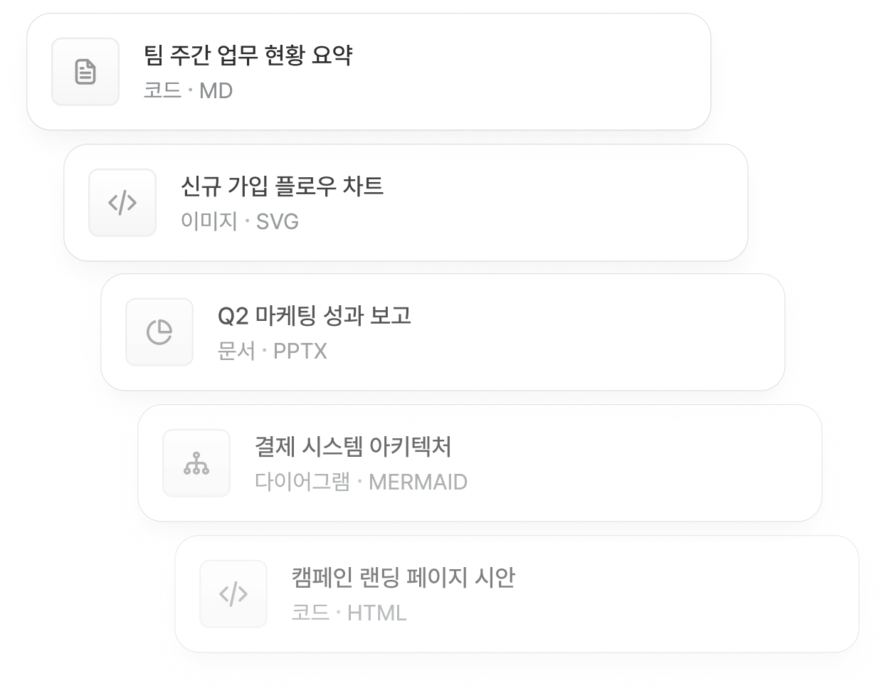 flex 에이전트 관리 - 팀 주간 업무 현황 요약, 신규 가입 플로우 차트, Q2 마케팅 성과 보고 PPTX, 결제 시스템 아키텍처 등 산출물 목록